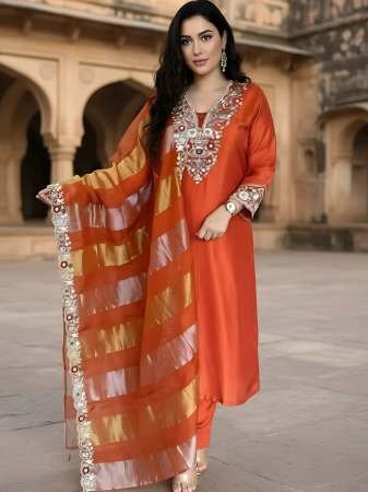 Orange  Colour Embroidered Kurti  3 Pcs Set
