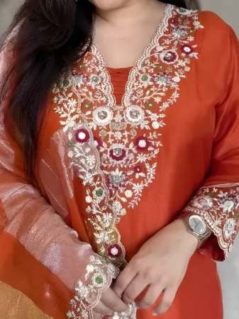 Orange  Colour Embroidered Kurti  3 Pcs Set