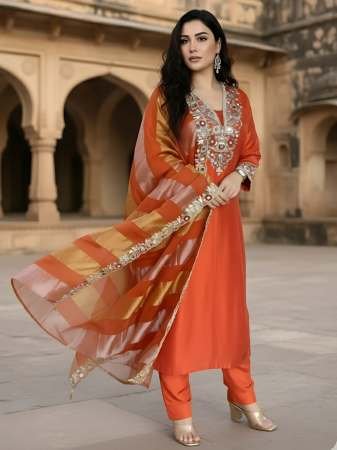 Orange  Colour Embroidered Kurti  3 Pcs Set