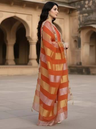 Orange  Colour Embroidered Kurti  3 Pcs Set
