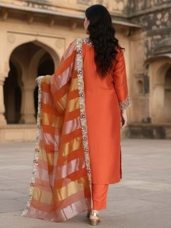 Orange  Colour Embroidered Kurti  3 Pcs Set