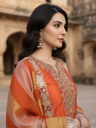 Orange  Colour Embroidered Kurti  3 Pcs Set