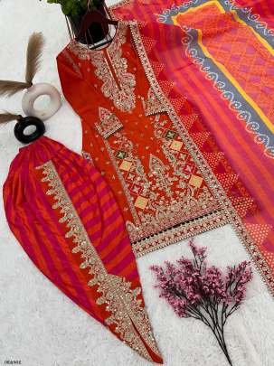 Orange Designer Embroidered And Sequence Chinnon Dhoti Salwar Suits