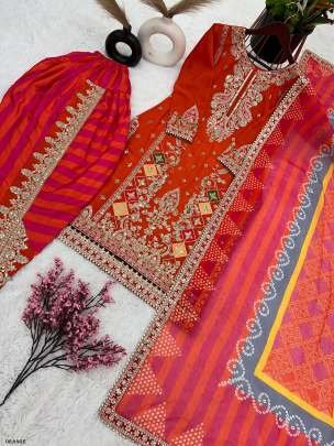 Orange Designer Embroidered And Sequence Chinnon Dhoti Salwar Suits