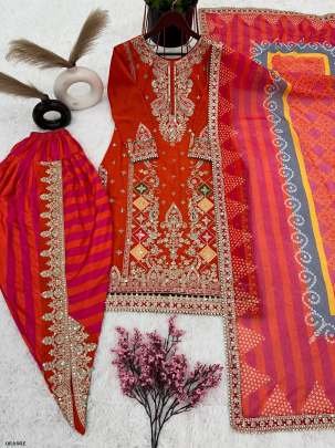 Orange Designer Embroidered And Sequence Chinnon Dhoti Salwar Suits