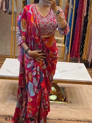 Orange Digital Printed Ready To Wear Georgette Ruffle Saree