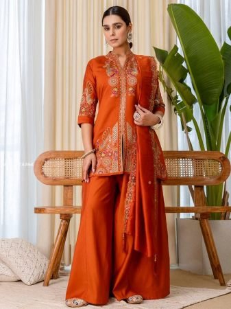 Orange Embroidery V Neck Front Slit Palazzo Set
