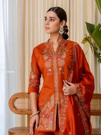 Orange Embroidery V Neck Front Slit Palazzo Set