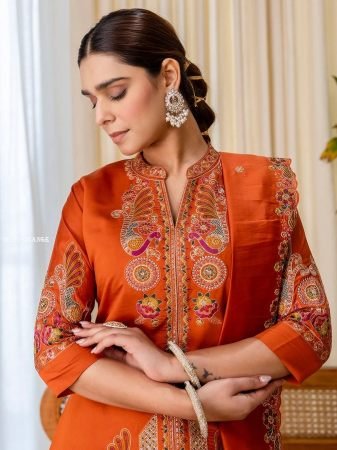Orange Embroidery V Neck Front Slit Palazzo Set