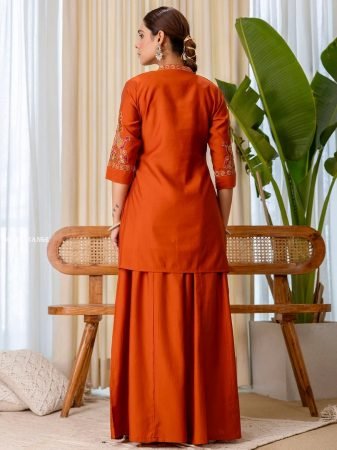 Orange Embroidery V Neck Front Slit Palazzo Set