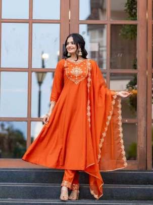 Orange Fancy Embroidered Pure Chinon Suits Dupatta Set