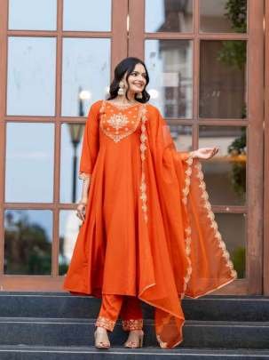 Orange Fancy Embroidered Pure Chinon Suits Dupatta Set