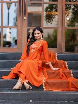 Orange Fancy Embroidered Pure Chinon Suits Dupatta Set