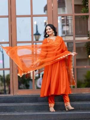 Orange Fancy Embroidered Pure Chinon Suits Dupatta Set