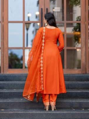 Orange Fancy Embroidered Pure Chinon Suits Dupatta Set