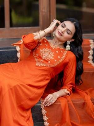 Orange Fancy Embroidered Pure Chinon Suits Dupatta Set