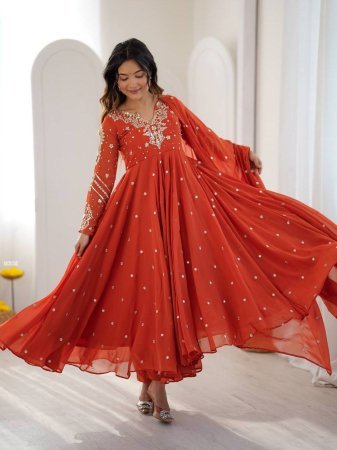 Orange Faux Georgette Embroidered Anarkali Kurti Set