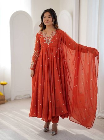 Orange Faux Georgette Embroidered Anarkali Kurti Set