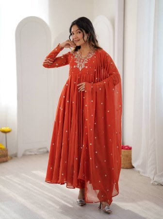 Orange Faux Georgette Embroidered Anarkali Kurti Set