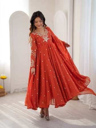 Orange Faux Georgette Embroidered Anarkali Kurti Set