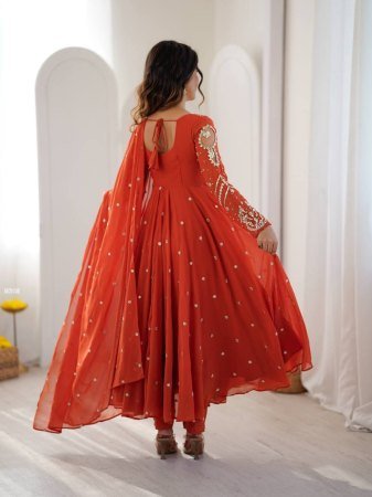 Orange Faux Georgette Embroidered Anarkali Kurti Set