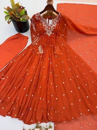 Orange Faux Georgette Embroidered Anarkali Kurti Set
