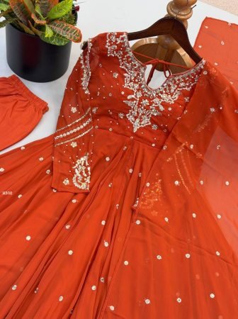 Orange Faux Georgette Embroidered Anarkali Kurti Set