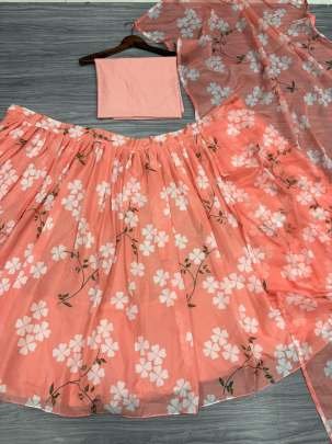 Orange Floral Printed Lehenga For Women
