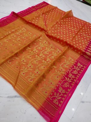 Orange Flower Soft Pure Maslin Dhakai Jamdani Saree