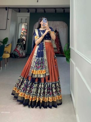 Orange Foil Print With Patola Tussar Silk Lehenga