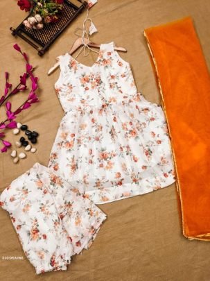 Orange Fox Georgette Floral Sharara Set