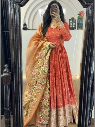 Orange Heavy Embroidery Sequence Work Stitched Gown With Dupatta