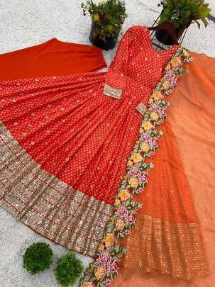 Orange Heavy Embroidery Sequence Work Stitched Gown With Dupatta