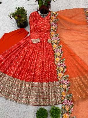 Orange Heavy Embroidery Sequence Work Stitched Gown With Dupatta