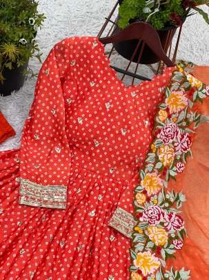 Orange Heavy Embroidery Sequence Work Stitched Gown With Dupatta