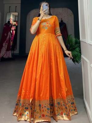 Orange Jacquard Silk Paithani Gown