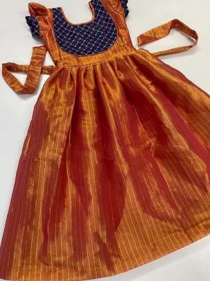 Orange Kids Girls Tissue Uppada Cotton Lehenga Choli With Embroidery Work