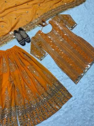Orange Kurti With Palazzo Dupatta in Embroidery With Sequence Work