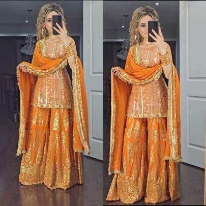 Orange Kurti With Palazzo Dupatta in Embroidery With Sequence Work