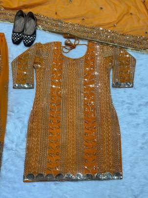 Orange Kurti With Palazzo Dupatta in Embroidery With Sequence Work