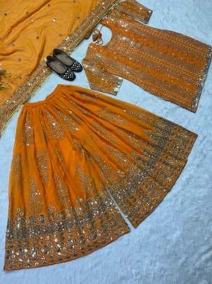 Orange Kurti With Palazzo Dupatta in Embroidery With Sequence Work