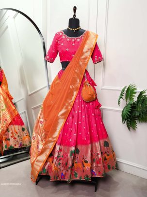 Orange Paithani Jacquard Silk Full Stitched Lehenga