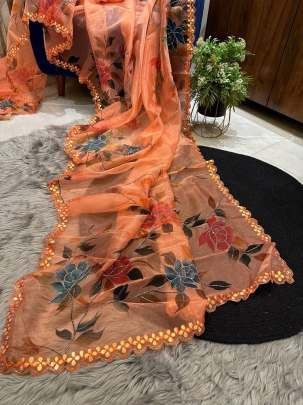 Orange Party Wear Handwork Pure Organza Saree