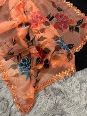 Orange Party Wear Handwork Pure Organza Saree