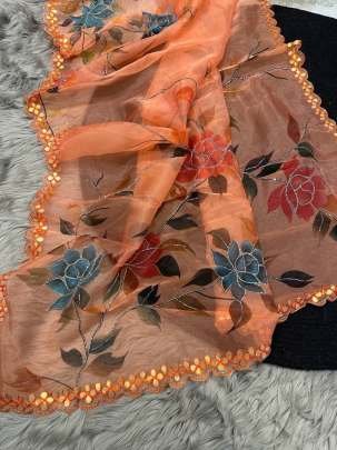 Orange Party Wear Handwork Pure Organza Saree