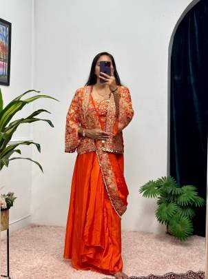 Orange Party Wear Ready To Wear Uniqe Style Sarees
