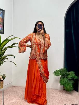 Orange Party Wear Ready To Wear Uniqe Style Sarees