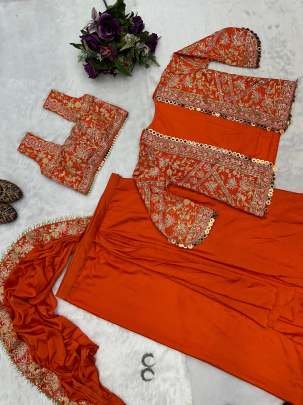 Orange Party Wear Ready To Wear Uniqe Style Sarees