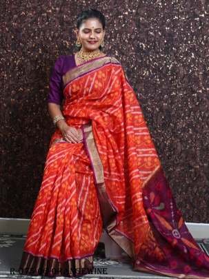 Orange Pramila Ikkat Patola Digital Printed Saree with Wine Blouse