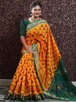 Orange Pramila Ikkat Patola Digital Printed Saree with Green Blouse